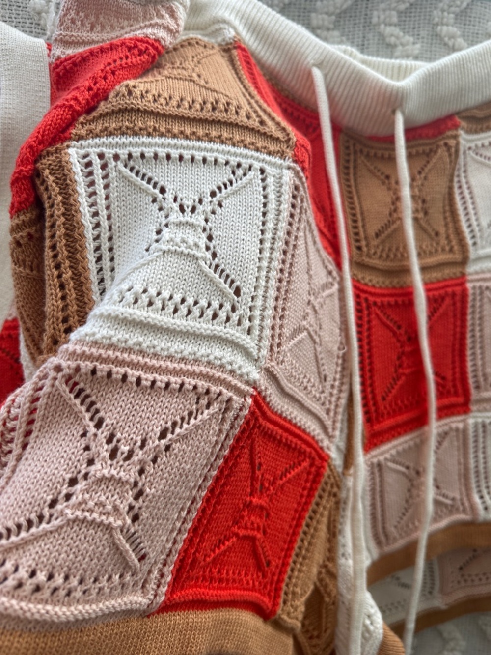 Open-Knit Patchwork Cardigan Sweater - Cream Red Tan - Picture 8 of 9